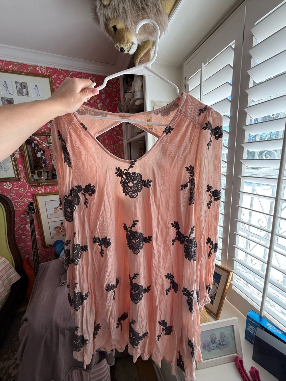Free People Peach Pink Tunic with Black Floral Embroidery